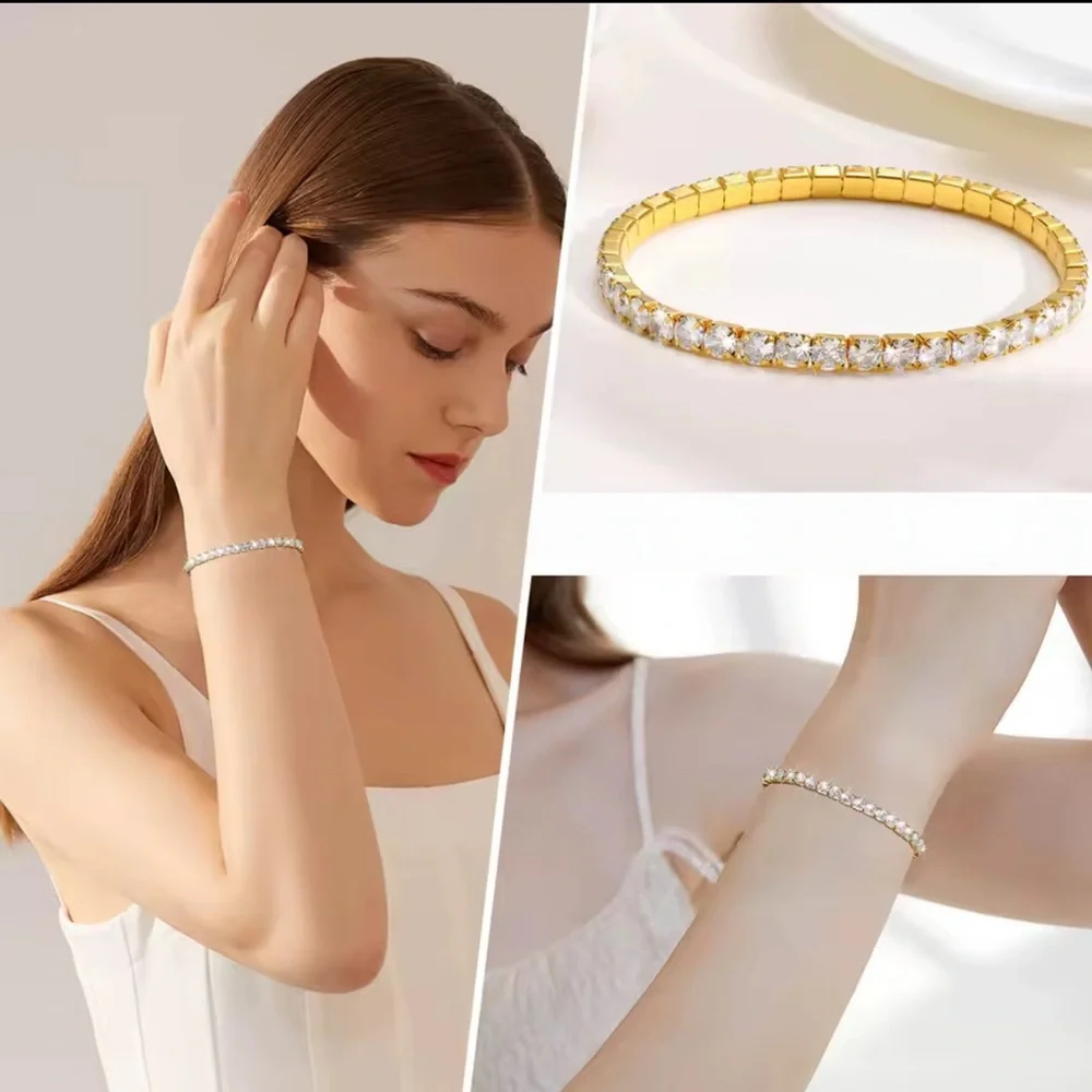 NEW 18K GOLD PLATED ELASTIC TENNIS BANGLE SET – WATERPROOF & HYPOALLERGENIC